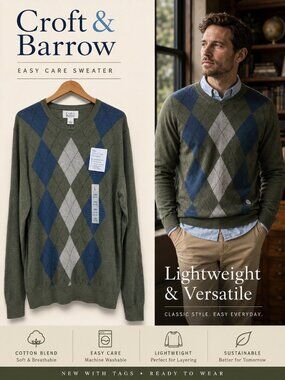 Croft & Barrow Men’s Lightweight Argyle Sweater Olive Blue Preppy Golf L